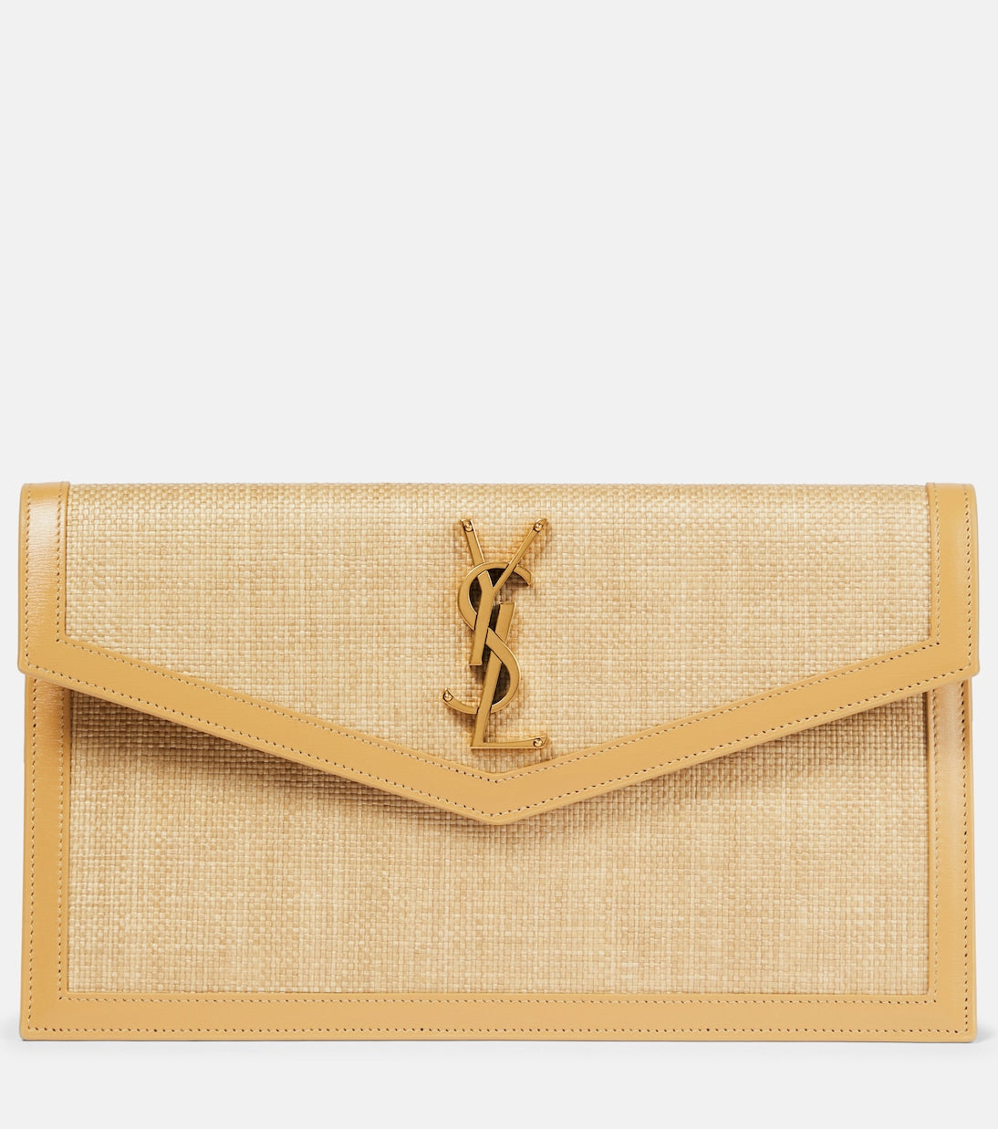 Saint Laurent - Uptown leather-trimmed raffia clutch
