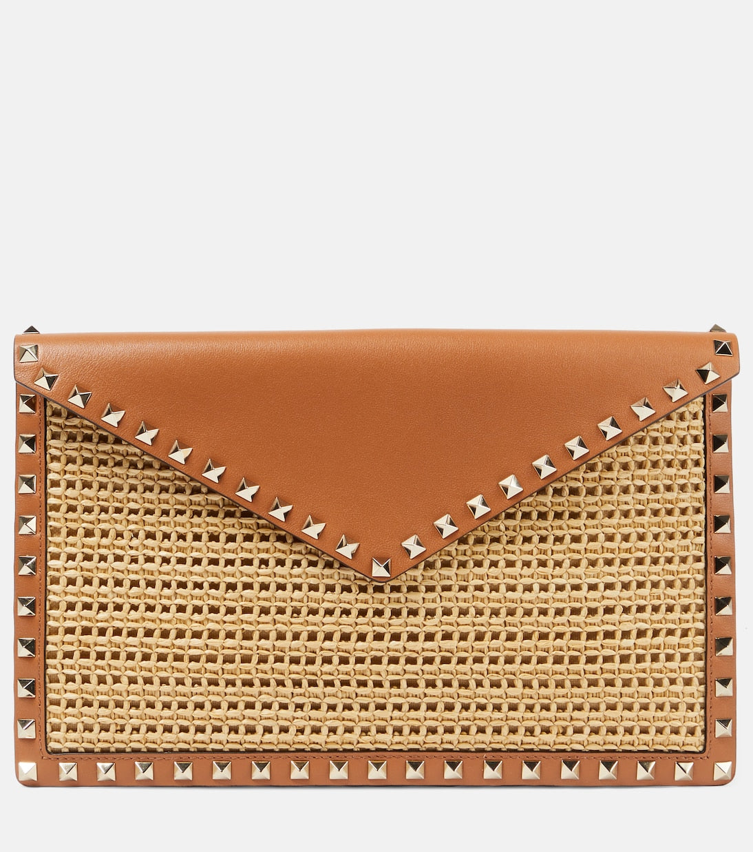 Valentino Garavani - Rockstud Large leather-trimmed raffia clutch