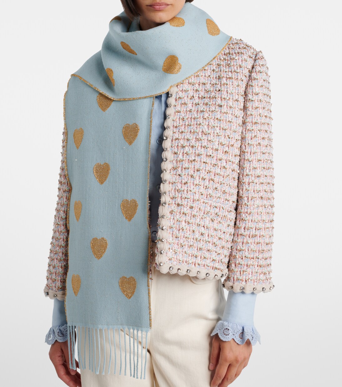Valentino Garavani - Heart fringed wool-blend scarf
