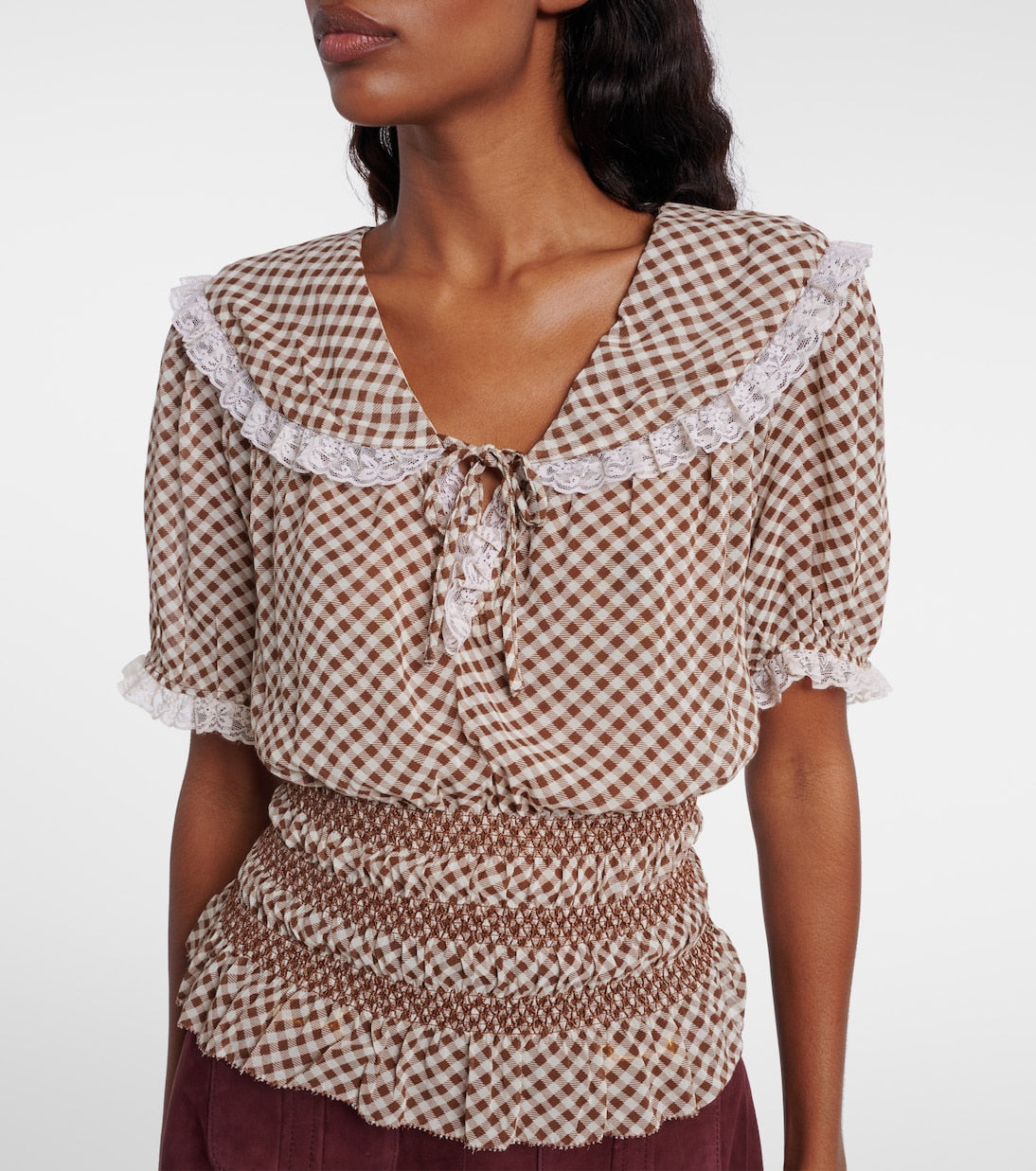 Rixo - Britt gingham shirred crêpe top