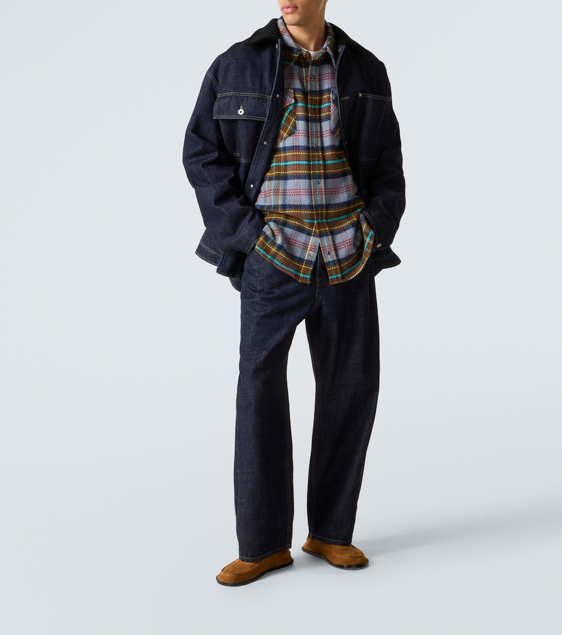God's True Cashmere - Plaid cashmere shirt with lapis lazuli