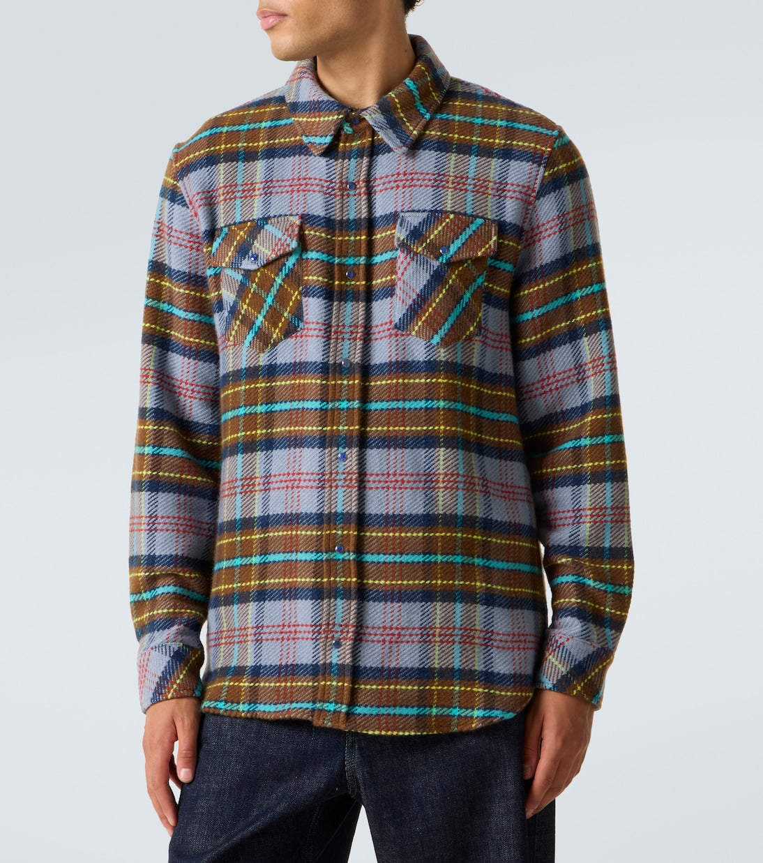 God's True Cashmere - Plaid cashmere shirt with lapis lazuli
