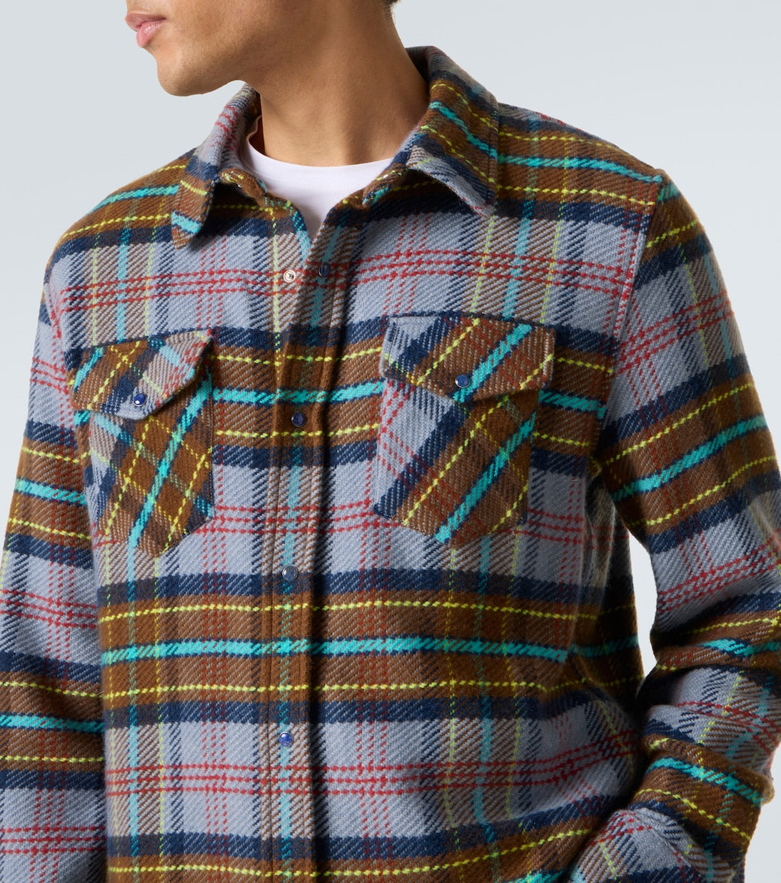 God's True Cashmere - Plaid cashmere shirt with lapis lazuli
