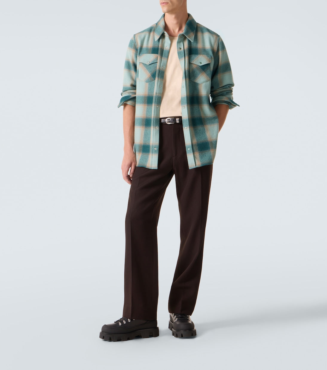 God's True Cashmere - Shadow plaid cashmere shirt with emerald
