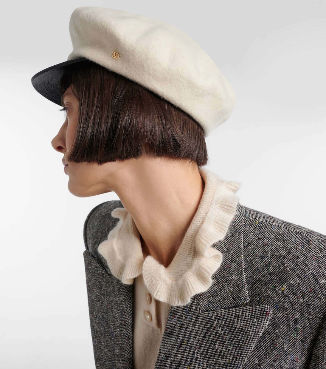 Valentino Garavani - VLogo leather-trimmed wool newsboy cap