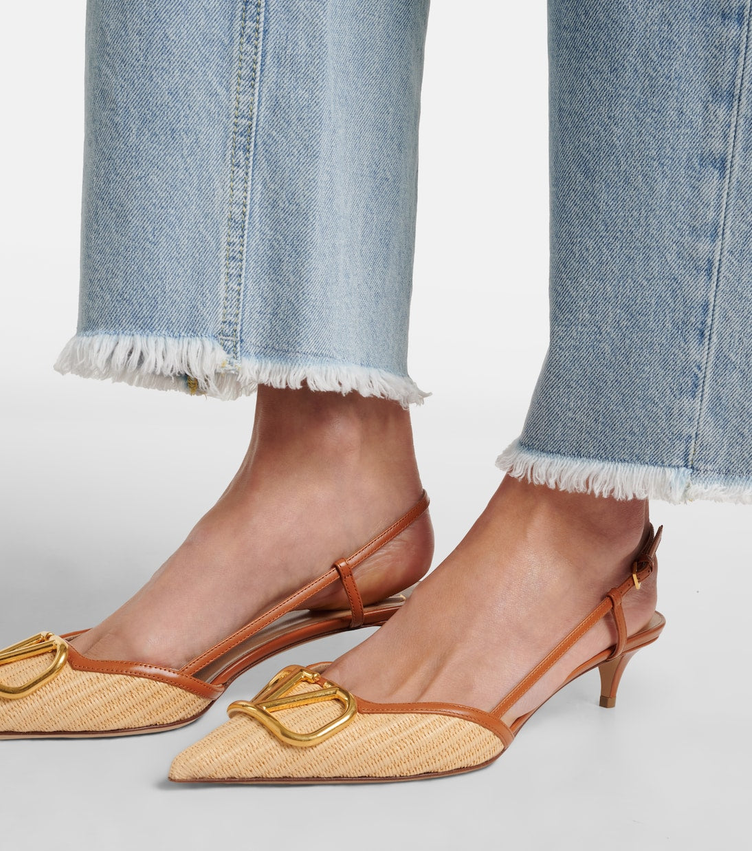 Valentino Garavani - VLogo leather-trimmed raffia slingback pumps