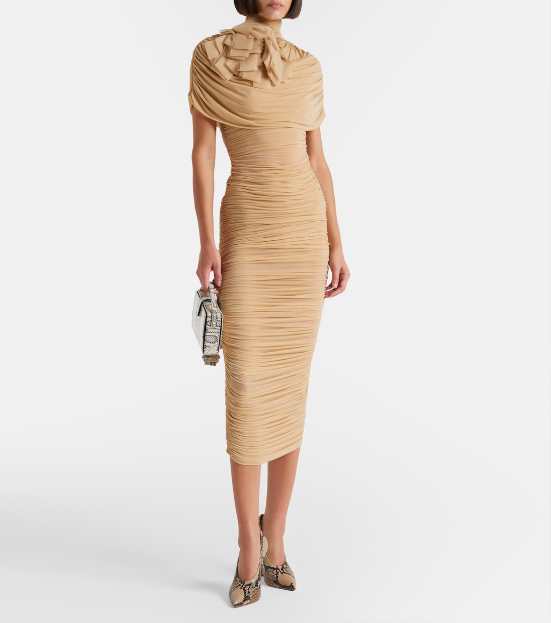 Magda Butrym - Floral-appliqué ruched caped jersey midi dress