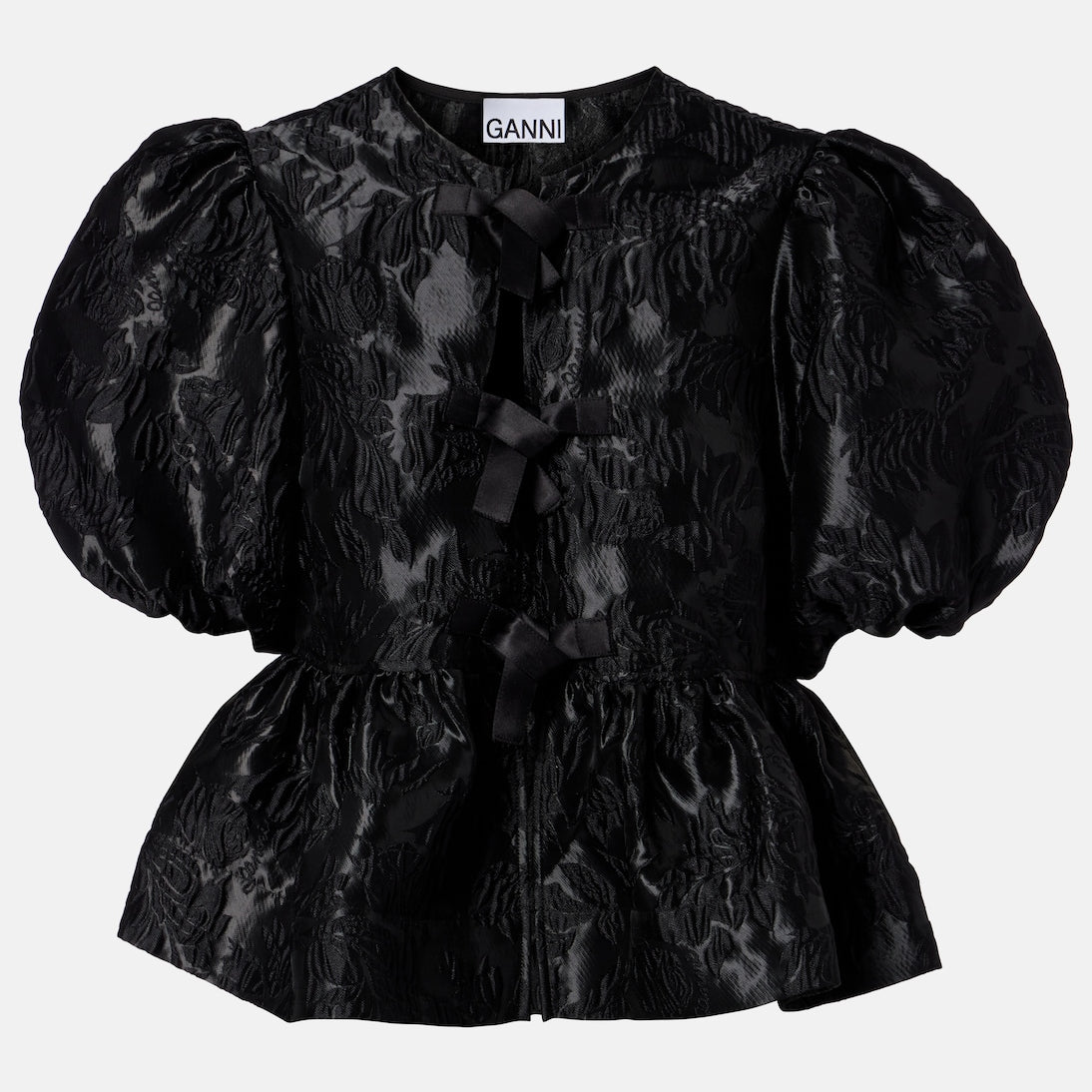 Ganni - Bow-detail floral peplum satin blouse