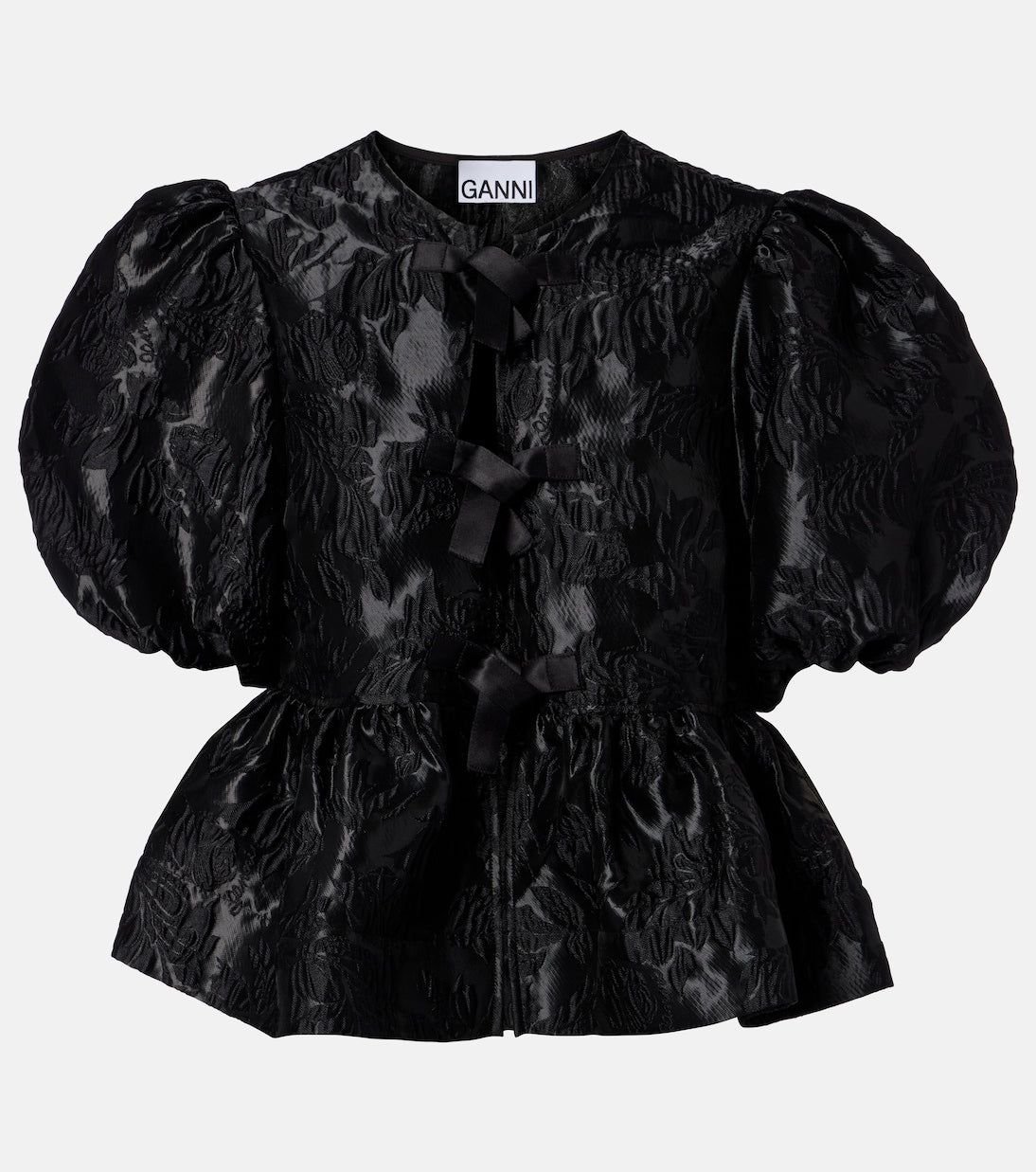 Ganni - Bow-detail floral peplum satin blouse
