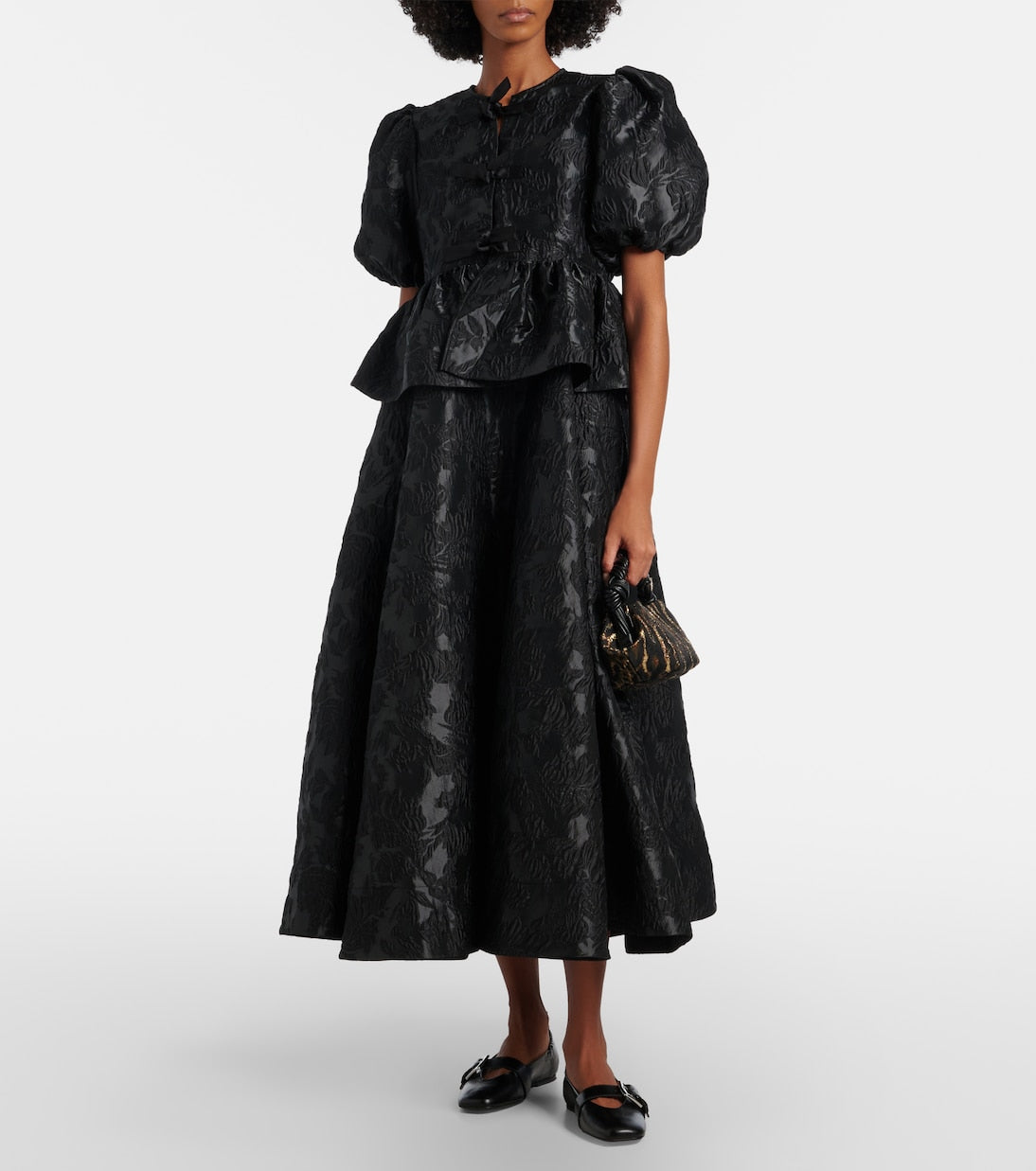 Ganni - Bow-detail floral peplum satin blouse
