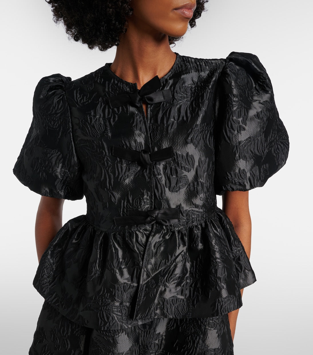 Ganni - Bow-detail floral peplum satin blouse