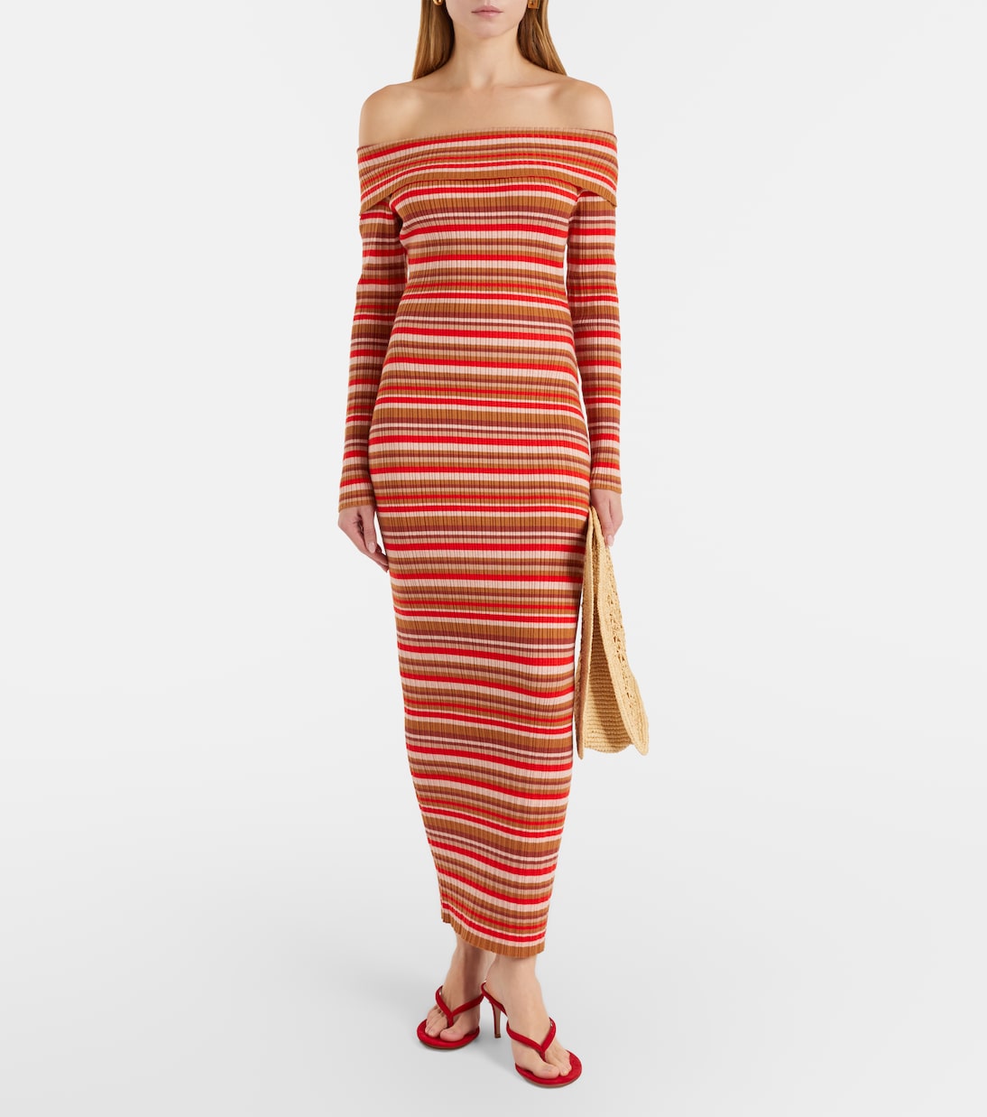 Bananhot - Bonnie ribbed-knit striped off-shoulder maxi dress