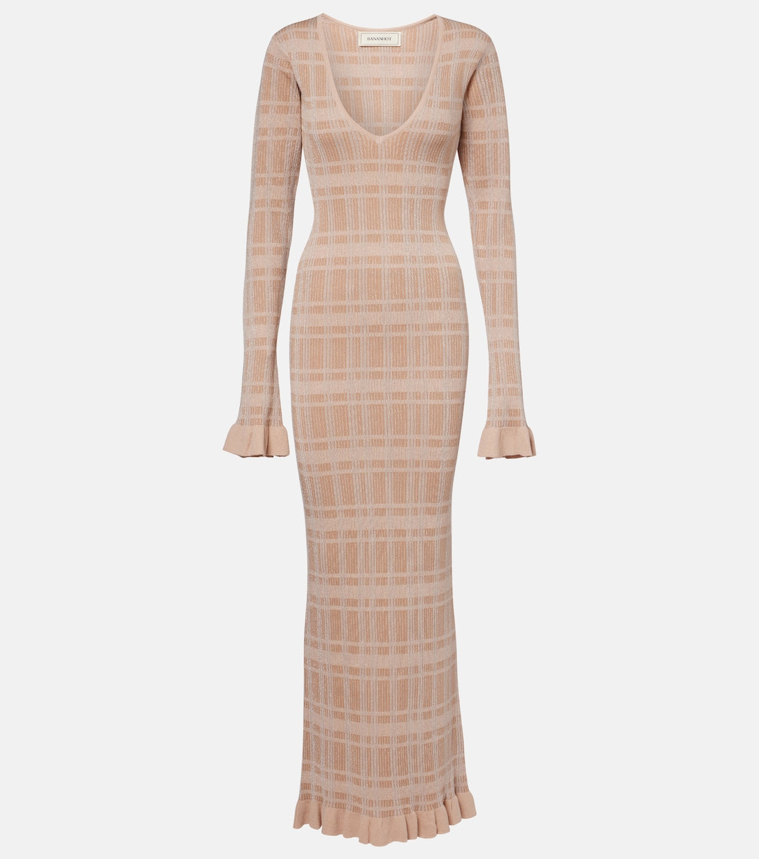 Bananhot - Ether checked ribbed-knit ruffled maxi dress