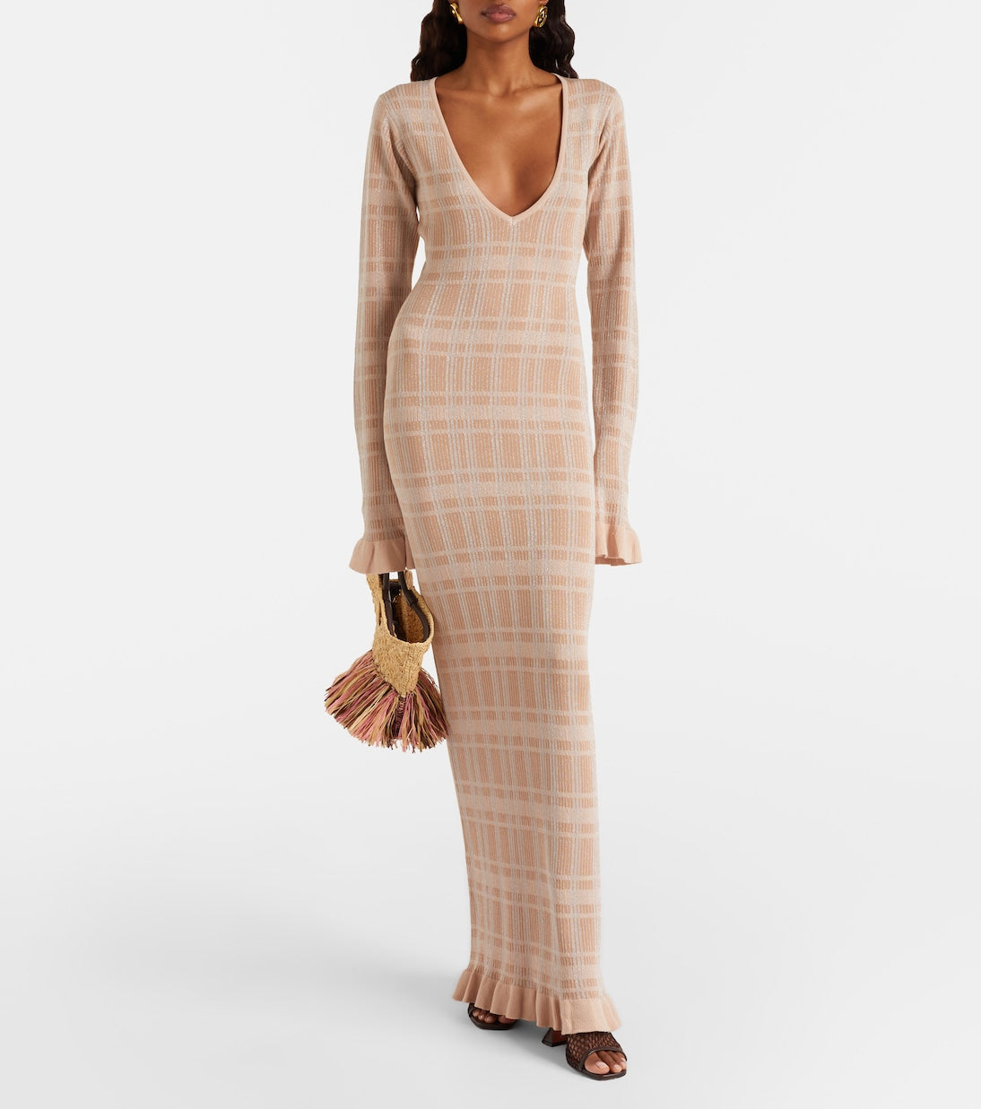 Bananhot - Ether checked ribbed-knit ruffled maxi dress