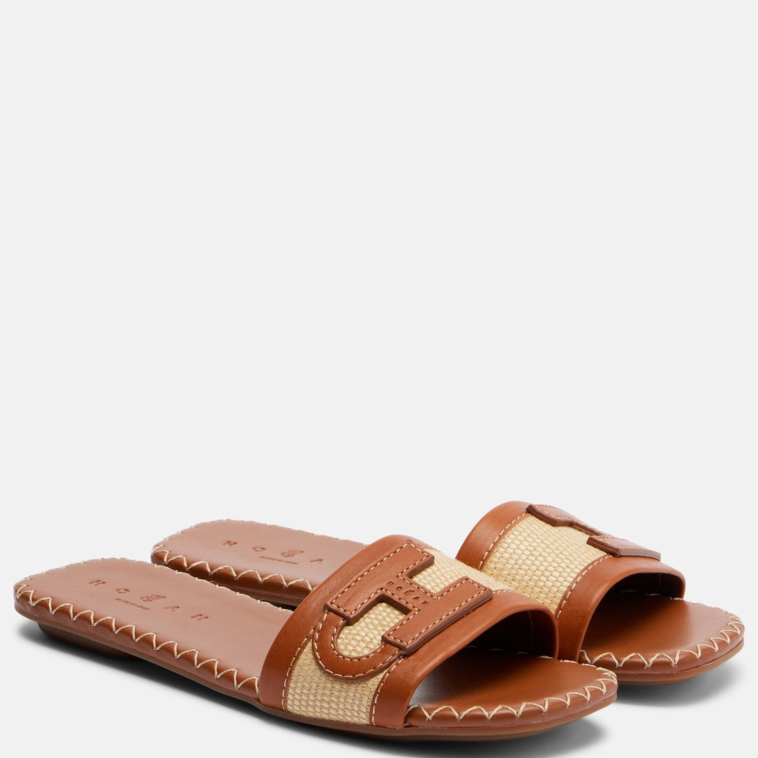 Hogan - Leather-trimmed raffia slides