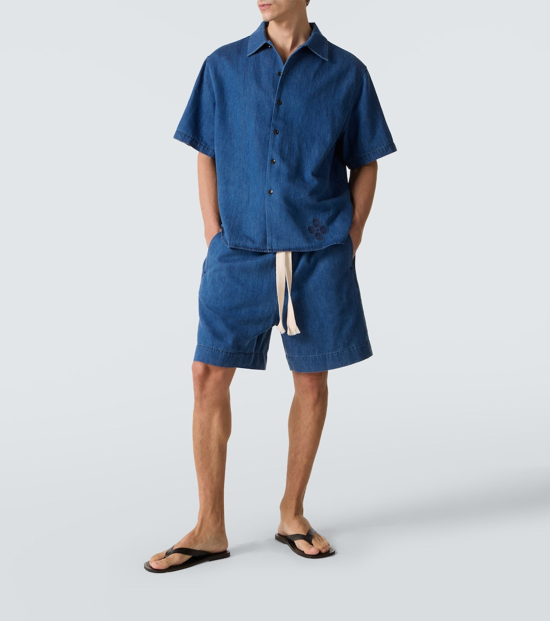 Commas - Embroidered oversized cotton-blend denim bowling shirt