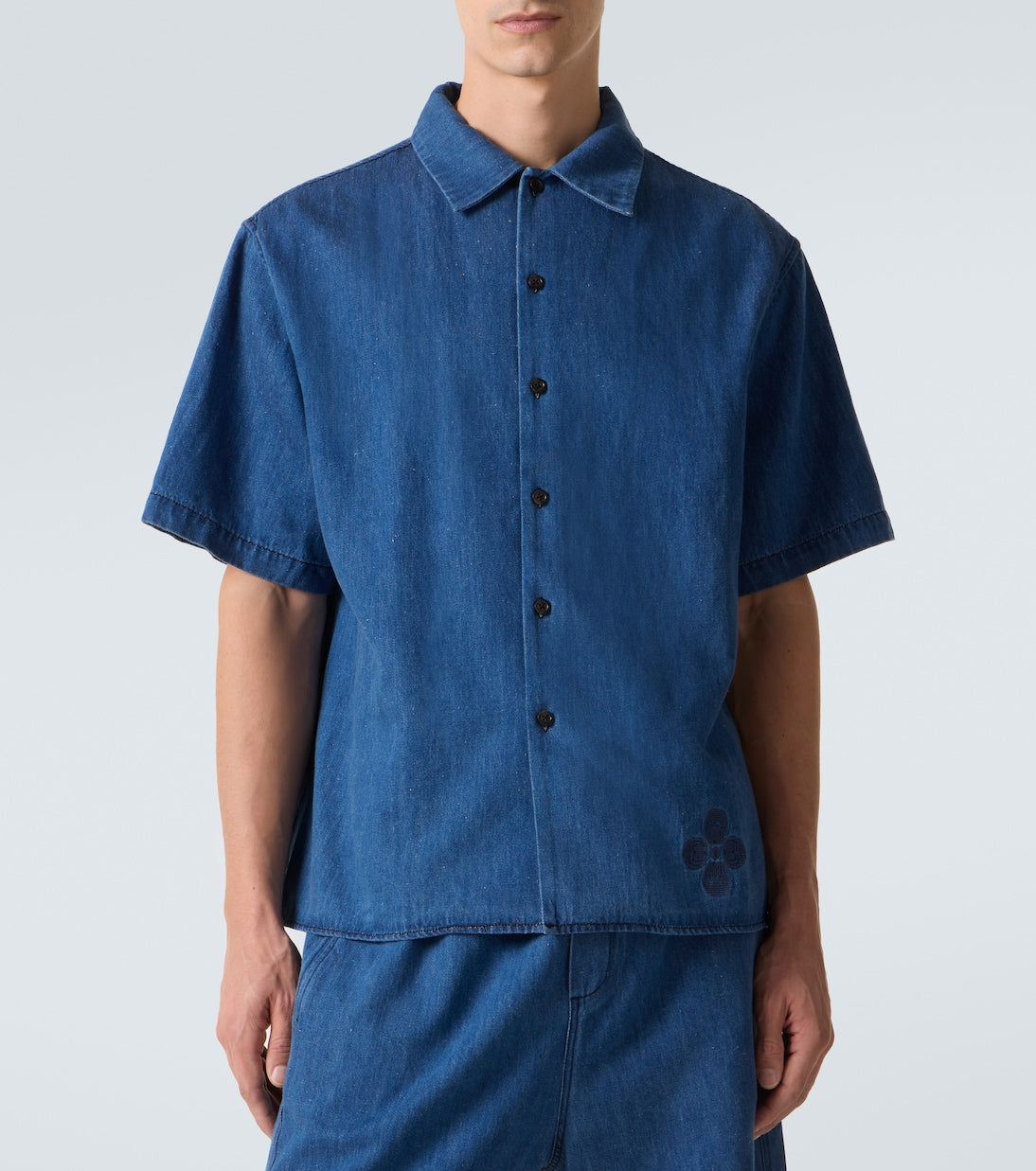 Commas - Embroidered oversized cotton-blend denim bowling shirt