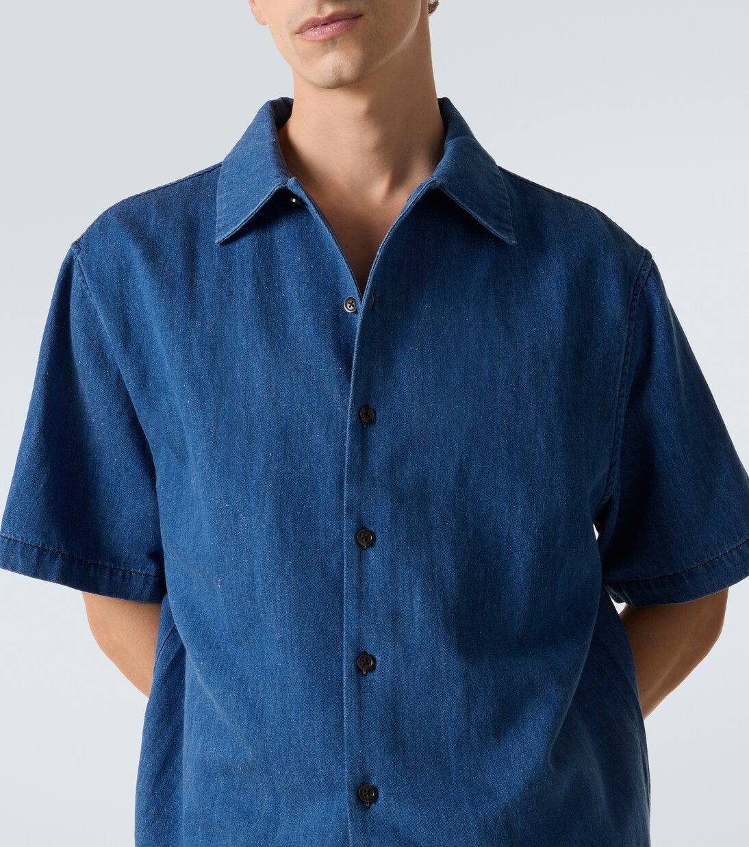 Commas - Embroidered oversized cotton-blend denim bowling shirt