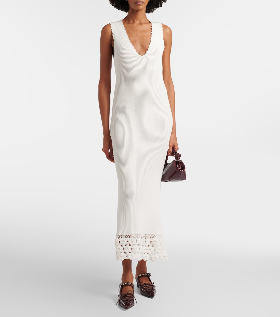 Ganni - Crochet-trimmed ribbed cotton-blend midi dress