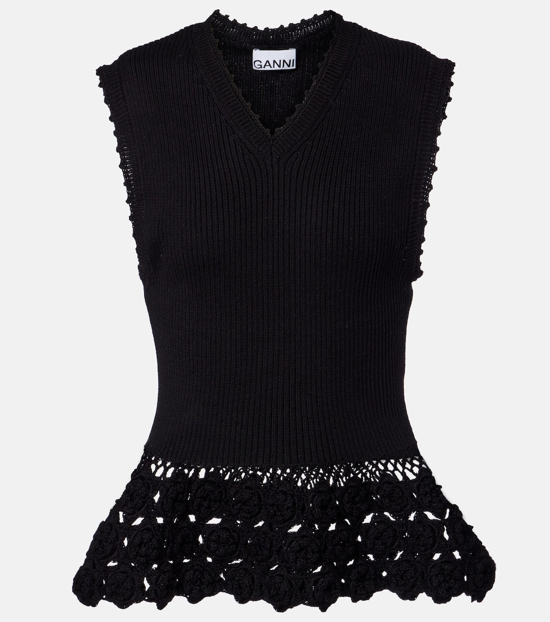 Ganni - Crochet-trimmed ribbed cotton-blend top