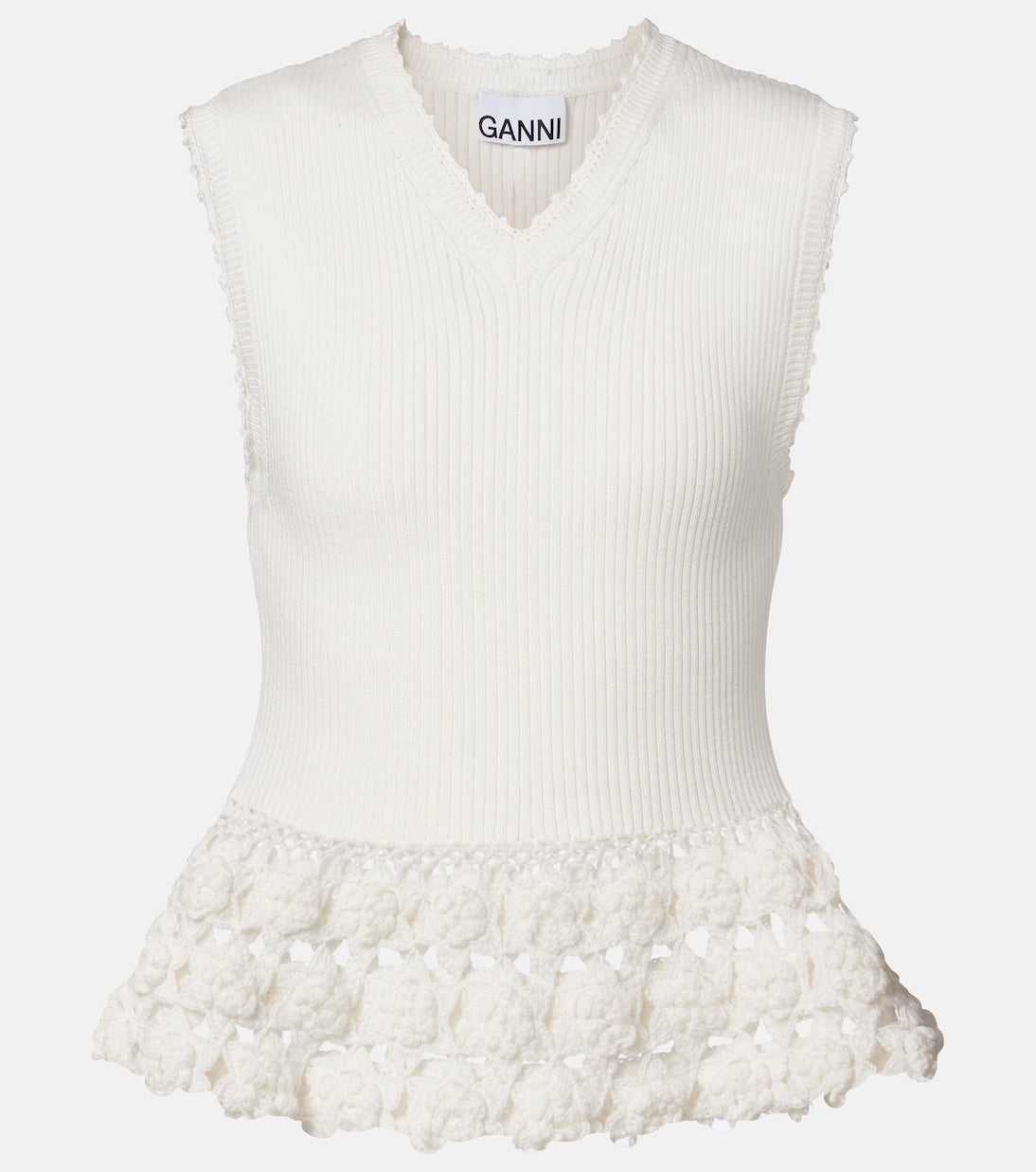 Ganni - Crochet-trimmed ribbed cotton-blend top