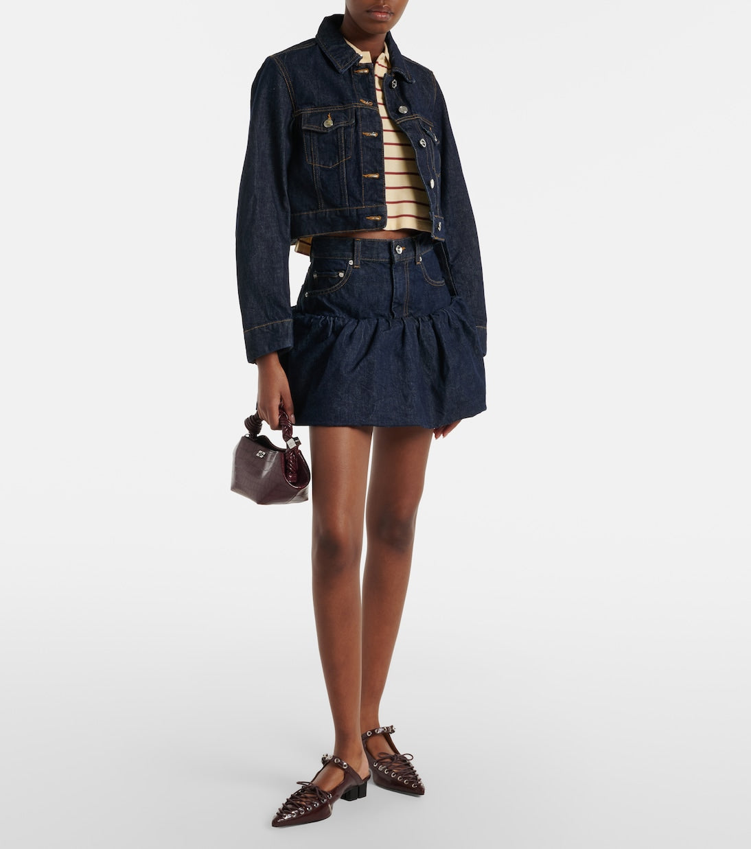 Ganni - Gathered denim miniskirt