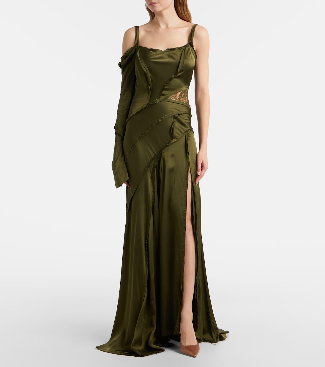 Blumarine - Asymmetric lace-trimmed satin gown