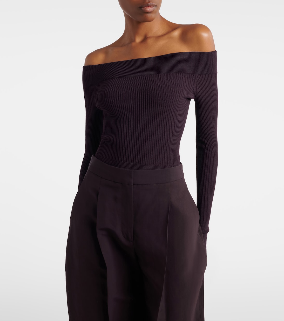 Alaïa - Ribbed-knit off-shoulder bodysuit