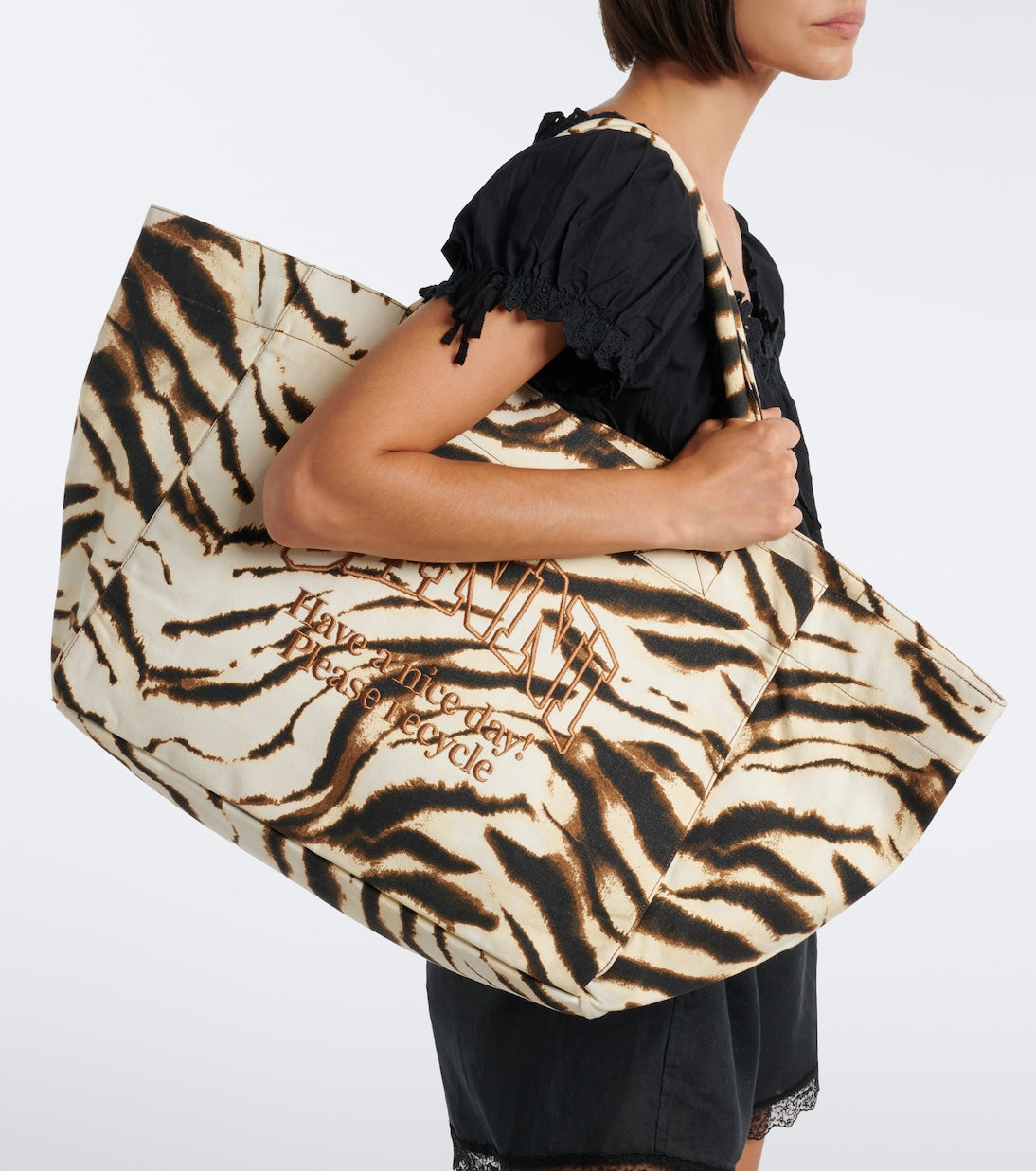 Ganni - Large zebra-print canvas tote bag
