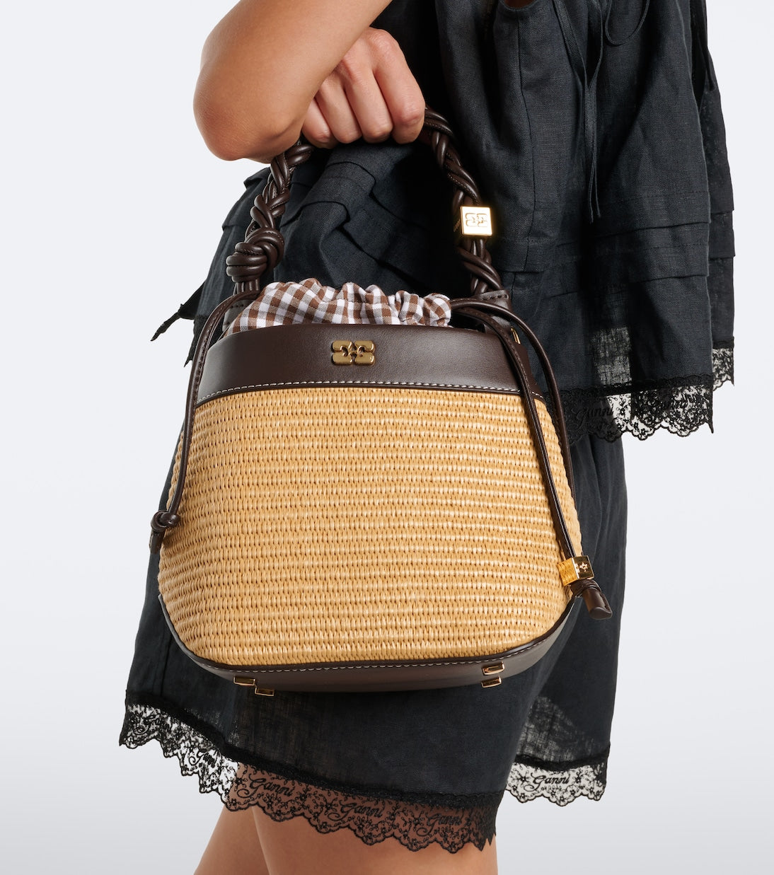 Ganni - Bou Small raffia-effect bucket bag