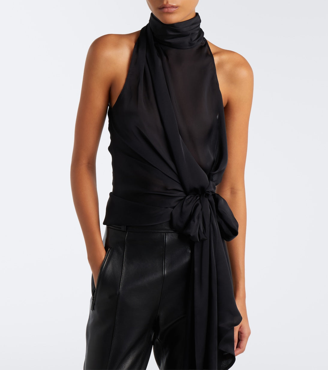Balmain - Bow-detail halterneck silk satin top