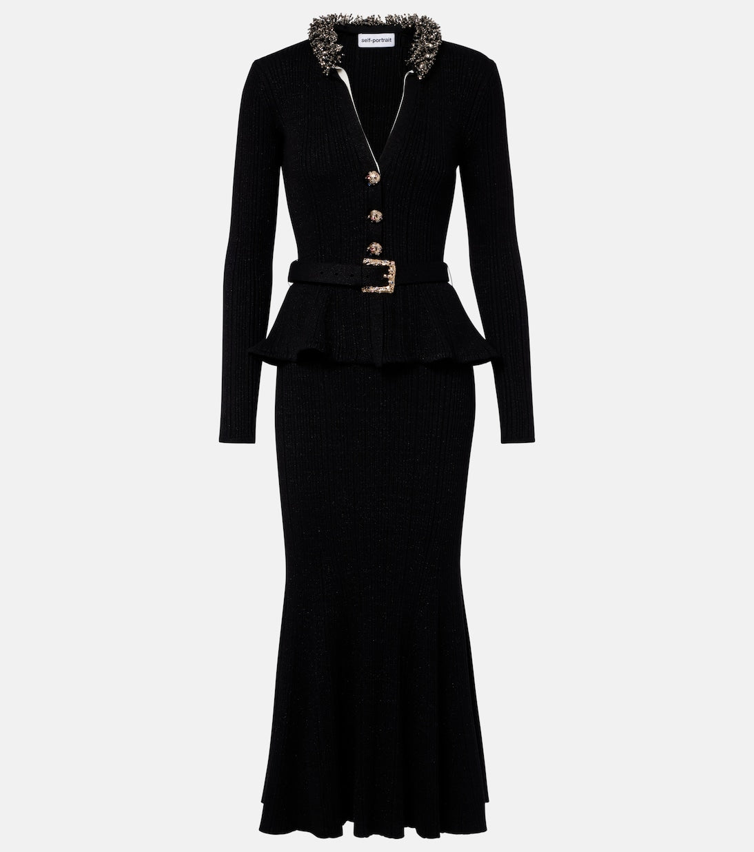 Self-Portrait - Belted embellished ribbed-knit midi dress