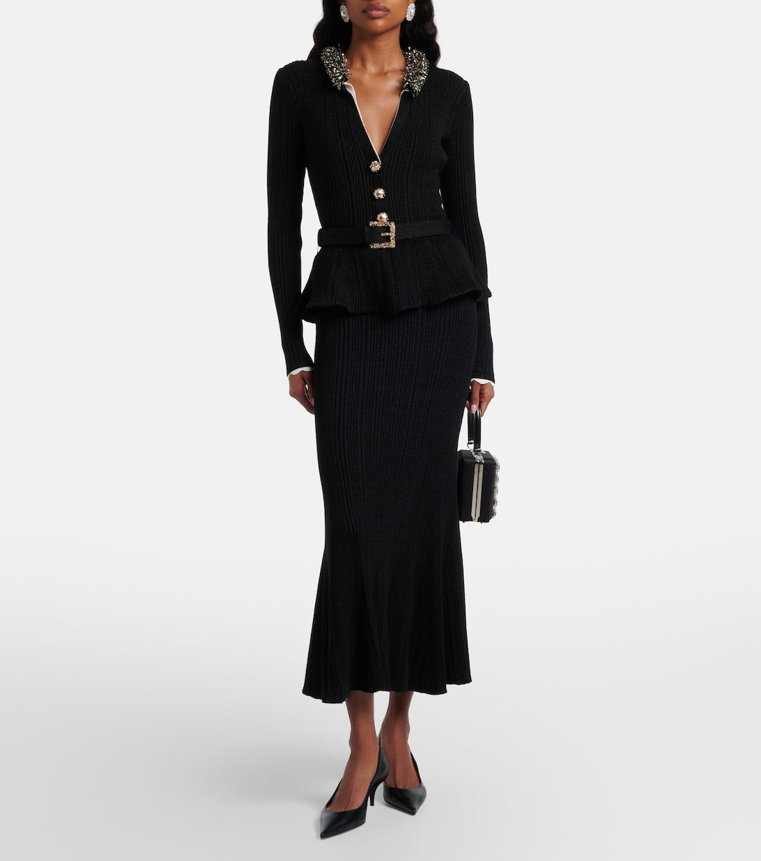 Self-Portrait - Belted embellished ribbed-knit midi dress