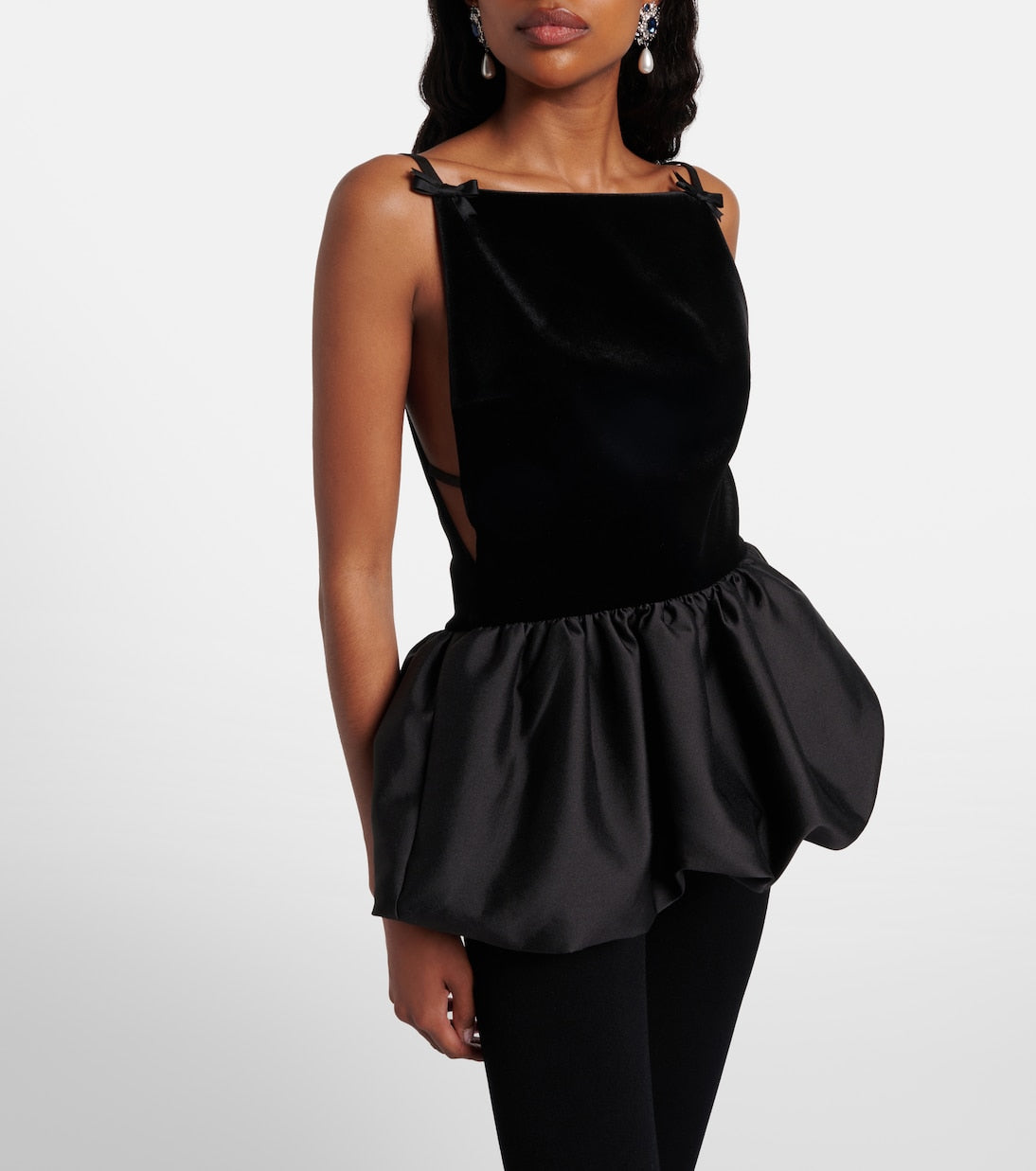 Self-Portrait - Bow-detail peplum velvet and taffeta top