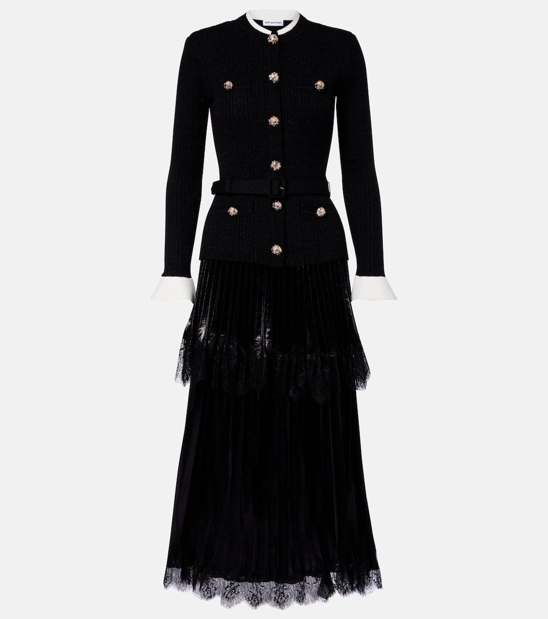 Self-Portrait - Embellished pleated lace-trimmed midi dress