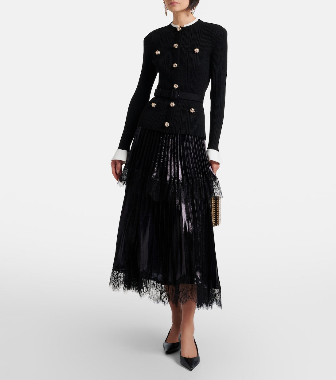 Self-Portrait - Embellished pleated lace-trimmed midi dress
