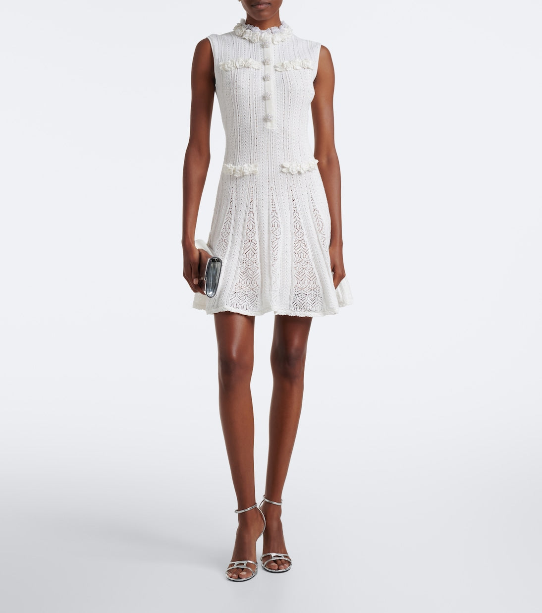 Self-Portrait - Embellished knitted cotton minidress