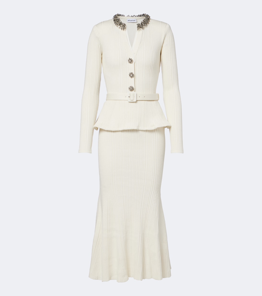 Self-Portrait - Embellished ribbed-knit peplum midi dress