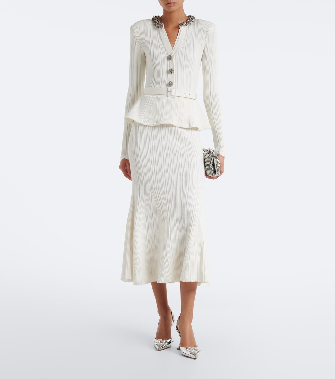 Self-Portrait - Embellished ribbed-knit peplum midi dress