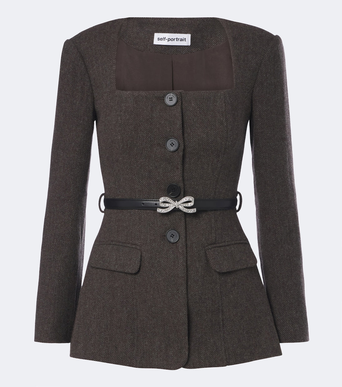 Self-Portrait - Belted embellished wool-blend blazer