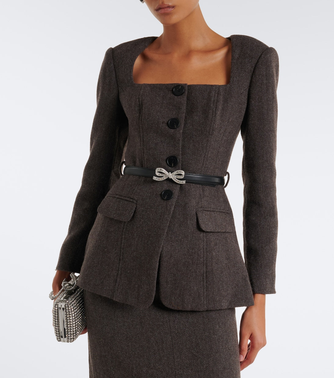 Self-Portrait - Belted embellished wool-blend blazer