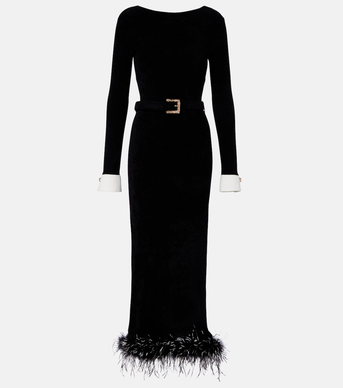 Self-Portrait - Belted feather-trimmed midi dress