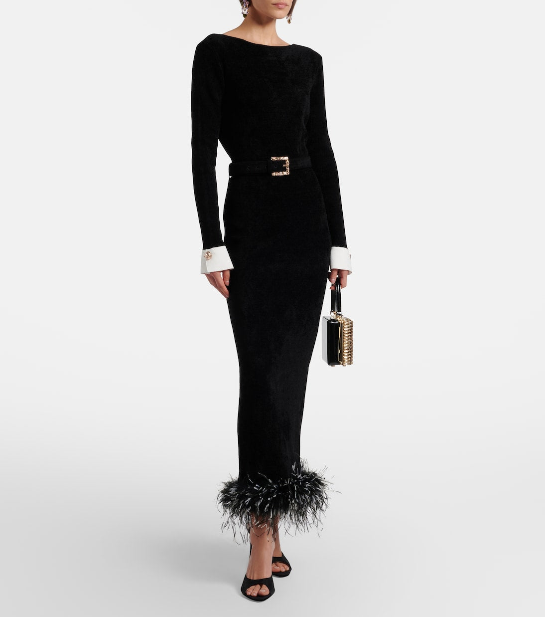 Self-Portrait - Belted feather-trimmed midi dress