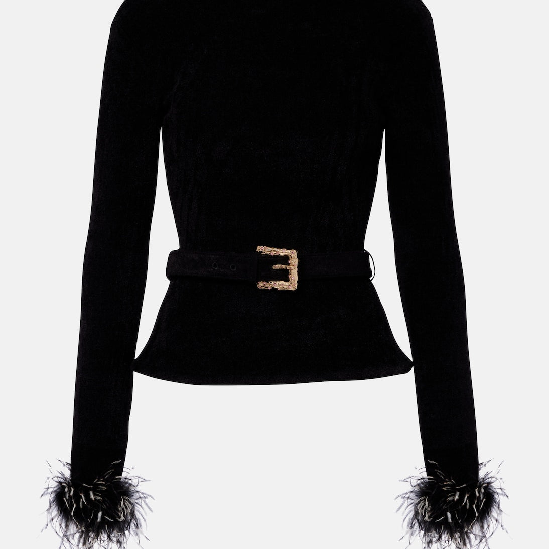 Self-Portrait - Belted feather-trimmed knitted sweater