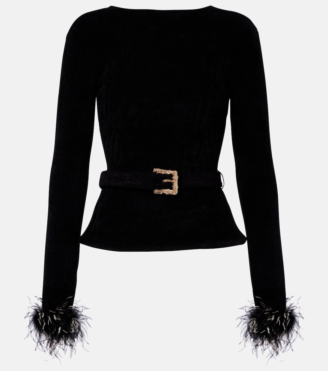 Self-Portrait - Belted feather-trimmed knitted sweater