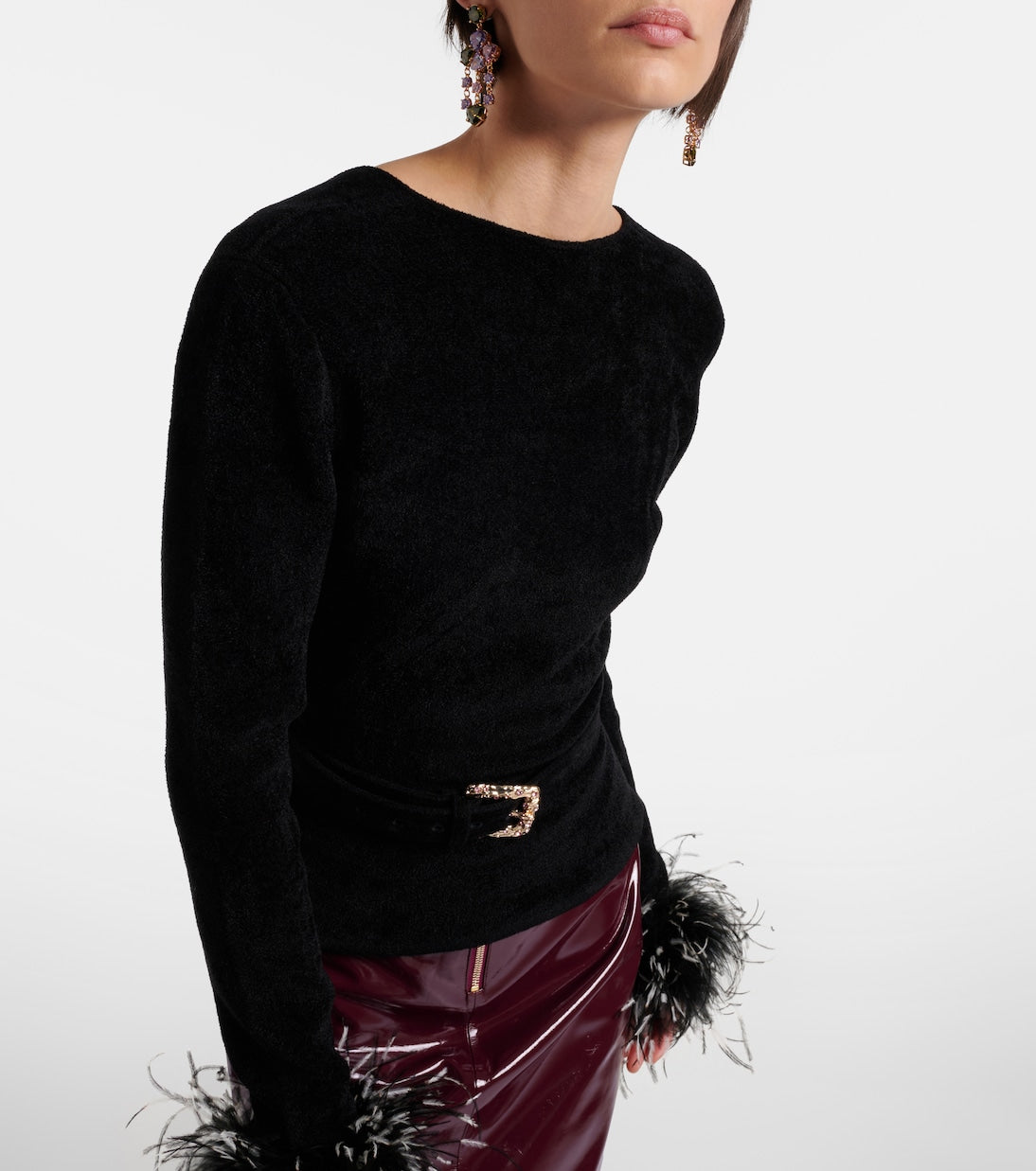 Self-Portrait - Belted feather-trimmed knitted sweater