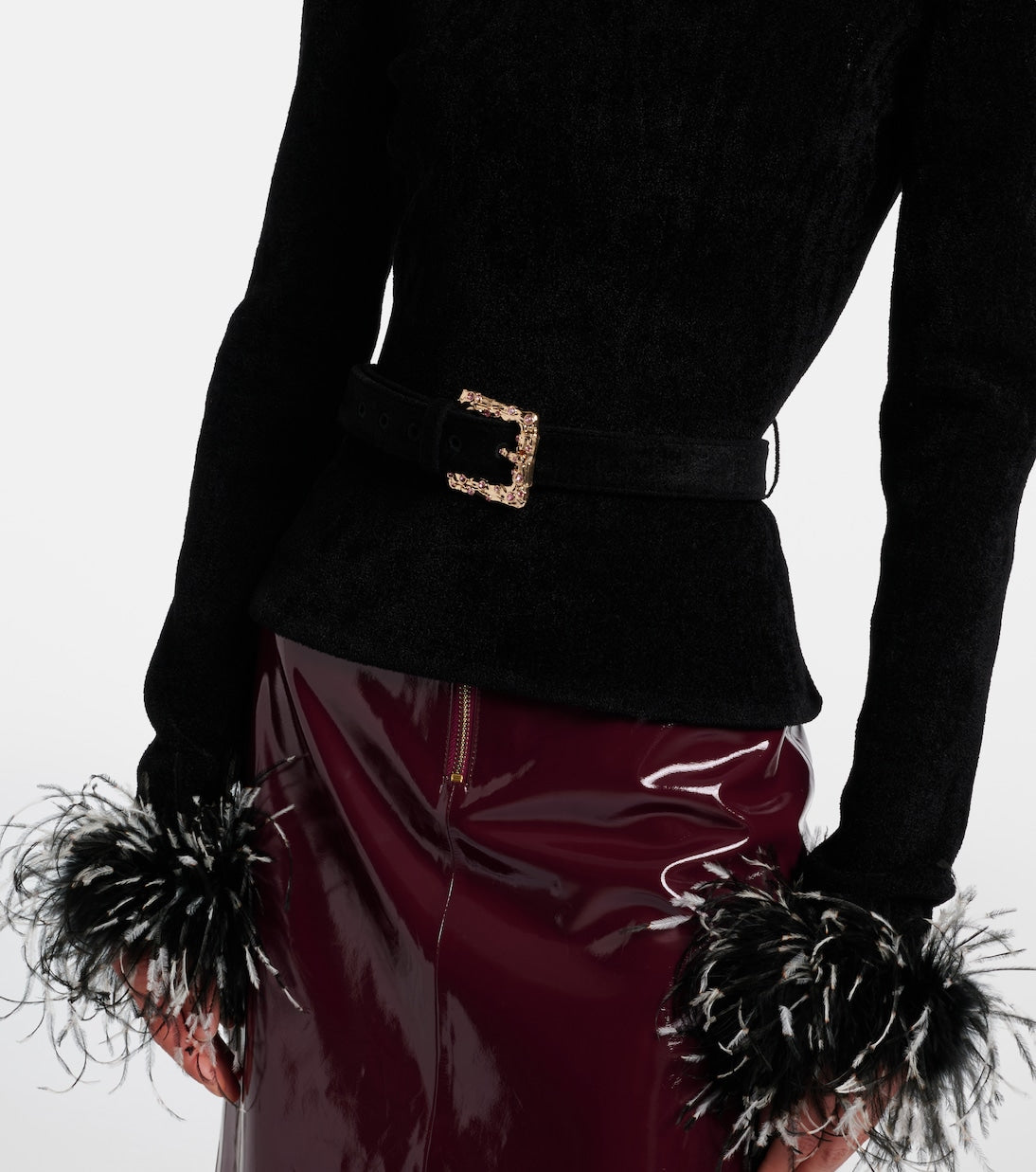 Self-Portrait - Belted feather-trimmed knitted sweater
