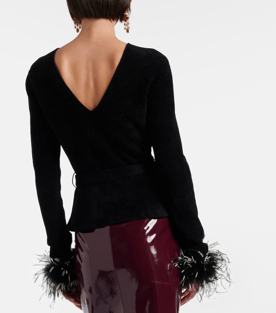 Self-Portrait - Belted feather-trimmed knitted sweater