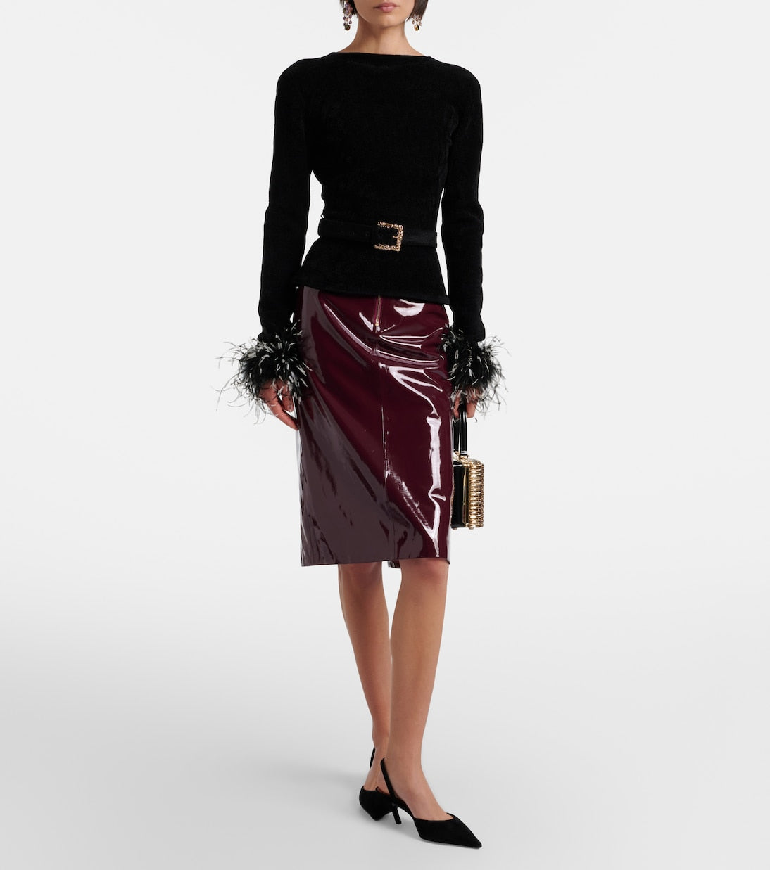 Self-Portrait - Belted feather-trimmed knitted sweater