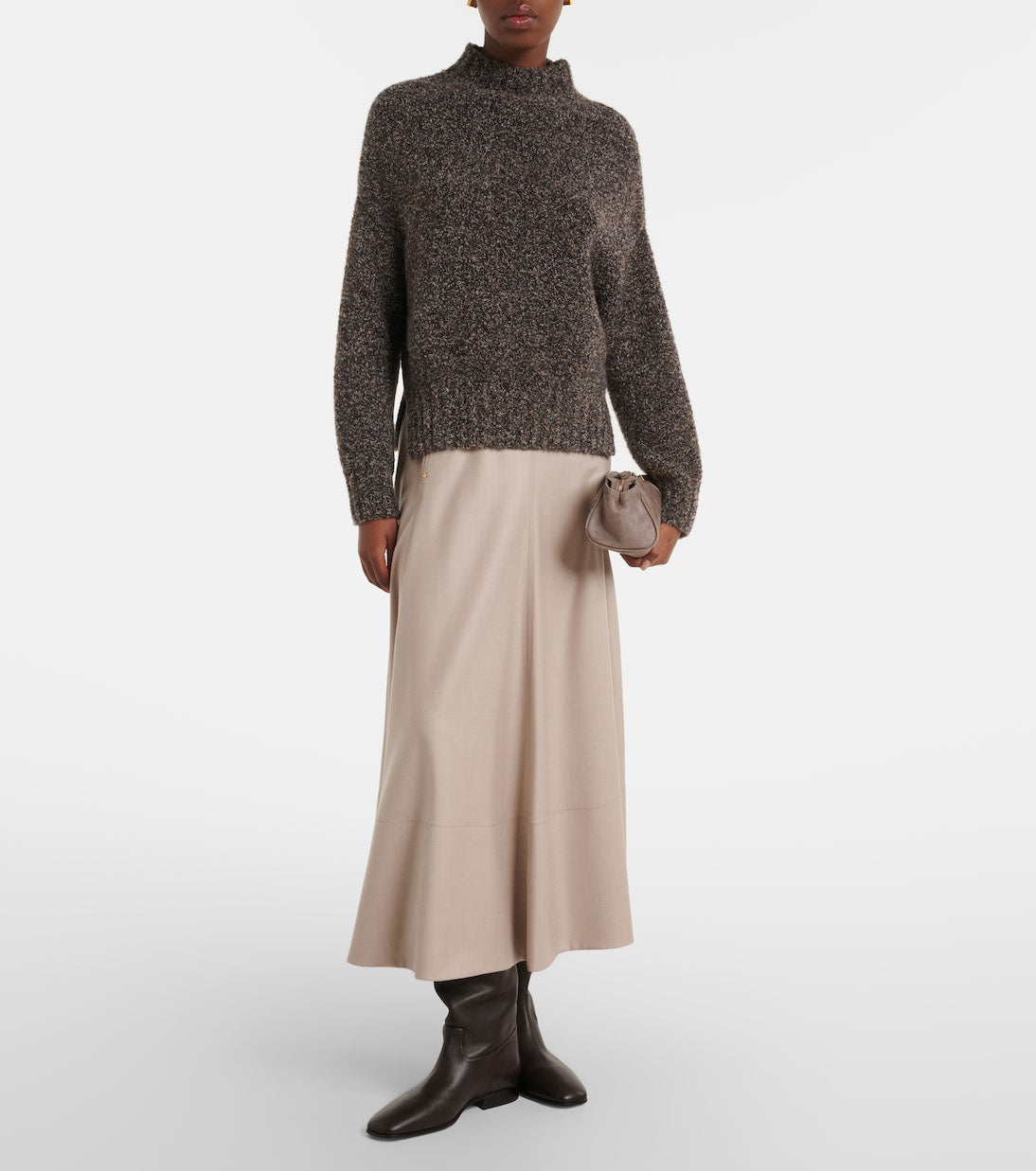 Agnona - Leather-trimmed wool flannel midi skirt